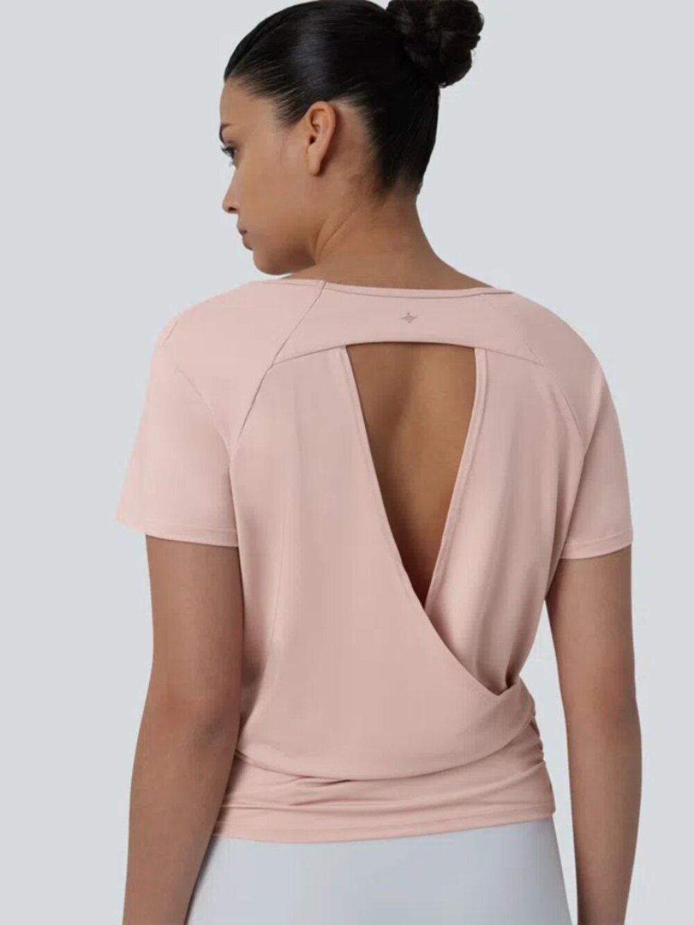 Halara Shirt Round Neck Short Raglan Sleeve Cut Out Back Ruched Top Pink NWT XL